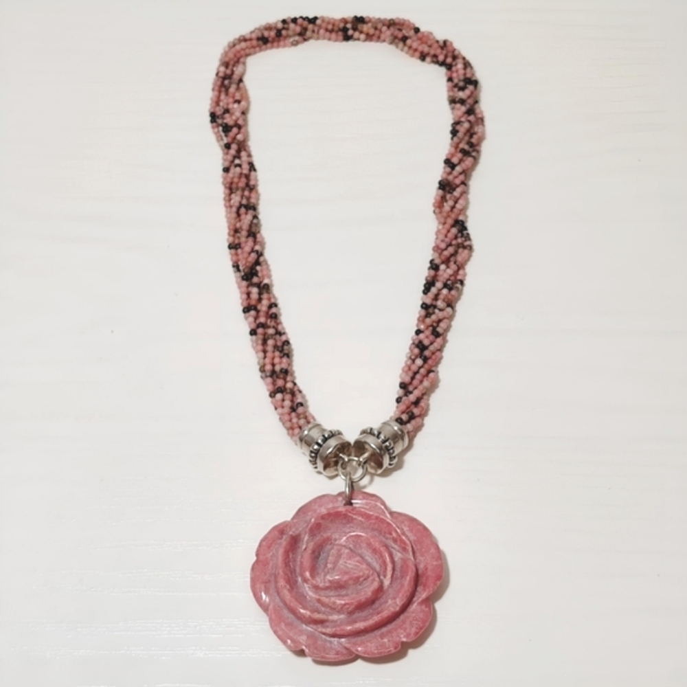ESPO Multi Strand Rhodonite Sterling Silver Carved Rose Pendant Necklace - Picture 3 of 11
